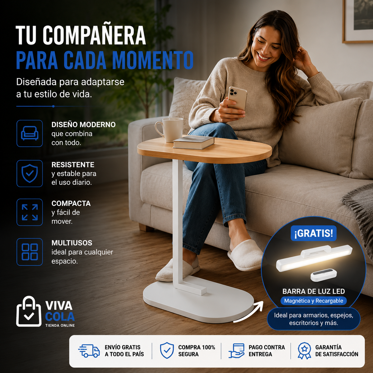 ☕🏡 MESA AUXILIAR PREMIUM  ✨ Todo lo que necesitas al alcance de tu mano  🎁 Recibe GRATIS una Barra de Luz LED Magnética