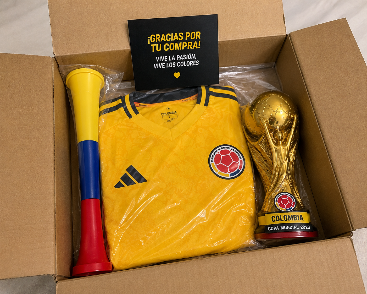 Combo del Hincha Colombia 2026 | 👕 Camiseta + 📣 Bubucela + 🏆 Alcancía Mundial